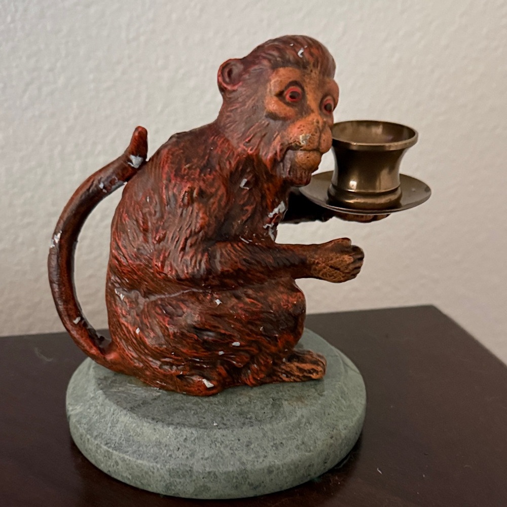 Vintage Petites Cast Metal Marble Monkey Candle Holder